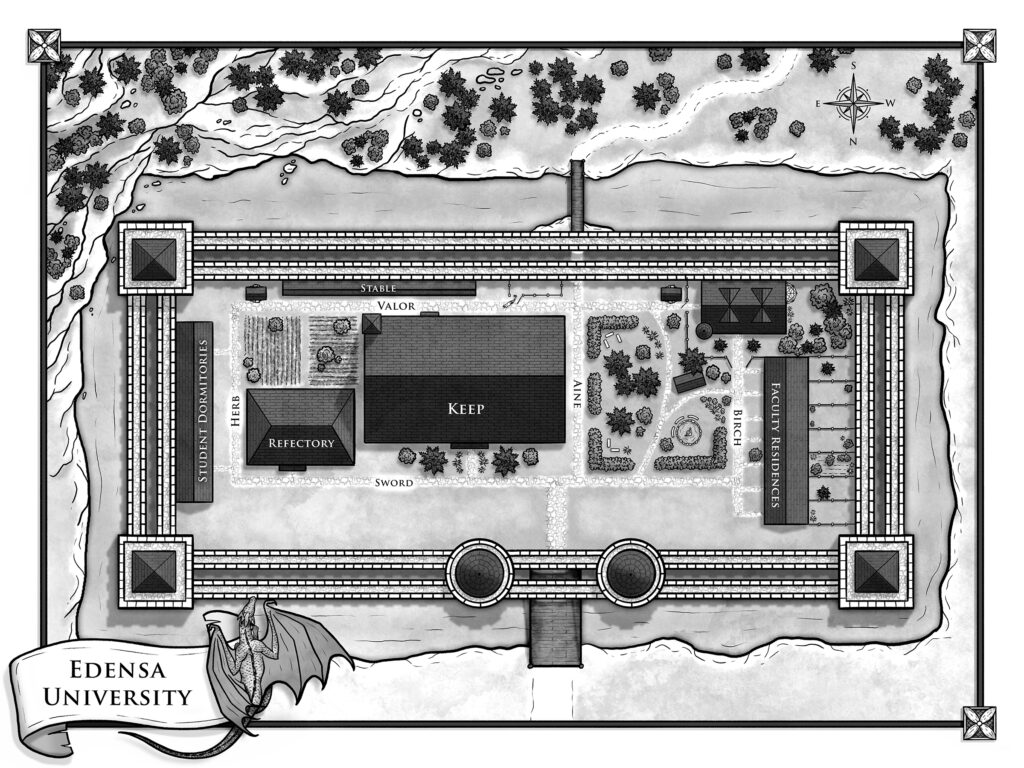 A detailed grayscale map of a medieval fortress that has been converted into a university.